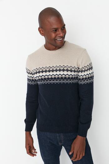 Trendyol Collection Темно-синій жакардовий светр з облягаючим вирізом TMNAW21KZ0738