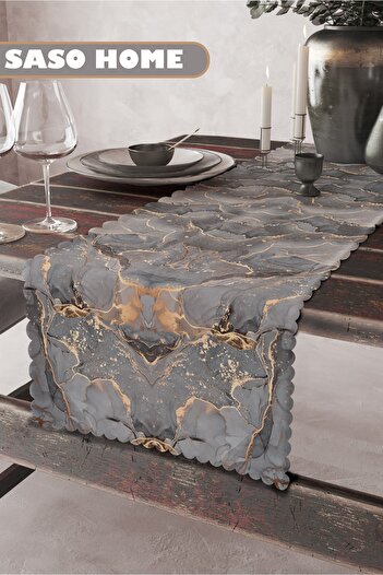 SasoHome Grey-yellow Marble Patterned Quality Velvet Fabric 45x140 Cm Decorative - Gift Runner
