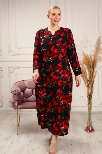 LİKAPA Viscose Black Red Poppy Pattern Hijab Plus Size Wide Fit Mother Dress with Cup