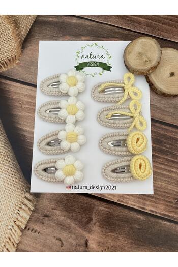 NATURA DESİGN 8-Piece Knitted Snap Buckle Set Daisy Bow And Rose