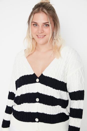 Trendyol Curve Black-White Striped Knitwear Cardigan TBBAW23AV00007
