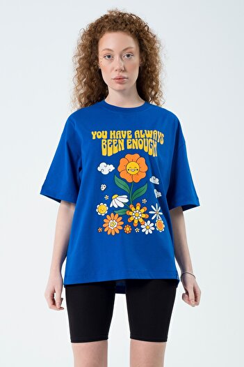 Eazy Co Eazy Saks Blue Happy Flowers Unisex Extra Oversize Printed Short Sleeve T-shirt