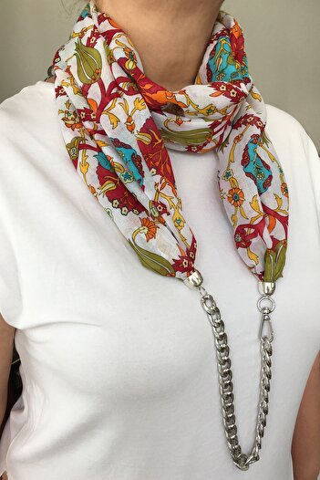 Vera Design Chain Detailed Authentic Patterned Cotton Scarf Accessory Special Design Stylish Scarf Necklace