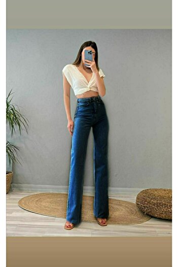 Ramrod Ares 90's Koyu Mavi Likralı Süper Yüksek Bel Salaş Jeans Palazzo Pantolon Wide Leg