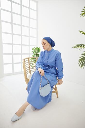 benguen Φόρεμα Hijab 428 Magnificent Collar με κουμπιά μπλε