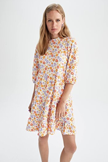 DeFacto Rochie tricotată mini cu mânecă scurtă texturată Seersucker florală cu decolteu