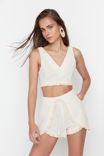 Trendyol Collection Beige Linen Woven Look Blouse and Shorts Beach Suit - Tbess22Au0141