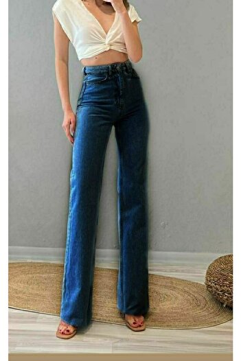 Ramrod Ares 90's Koyu Mavi Likralı Süper Yüksek Bel Salaş Jeans Palazzo Pantolon Wide Leg