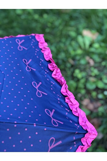 Rainwalker Rüzgarda Kırılmayan Kenarı Pembe Fırfır Ve Fiyonk Detaylı Mavi Kadın Şemsiye