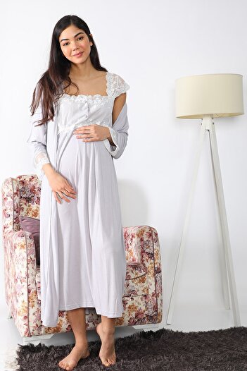 lohusahamile Maternity Maternity 2502 Gray Maternity Nightgown Set with Long Dressing Gown