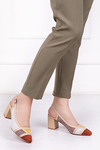 Deripabuc Genuine Leather Beige Multi Women's Heeled Leather Shoes Shn-0075