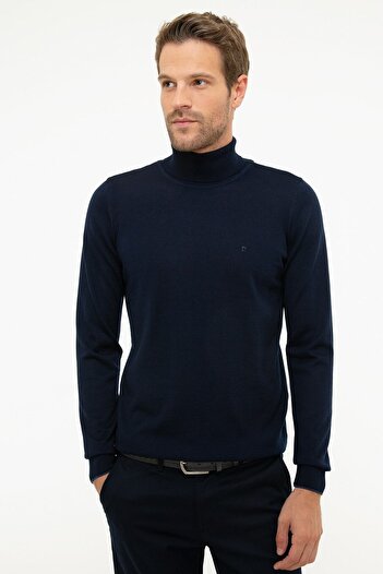 Pierre Cardin Men's Navy Blue Slim Fit Full Turtleneck Basic Knitwear Sweater