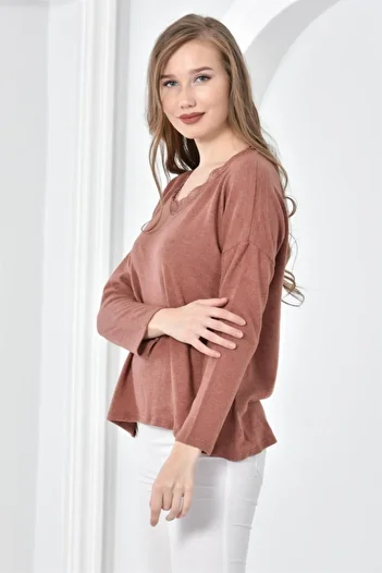 Seamoda Dusty Rose V-Neck Lace Soft Loose Blouse Sweater