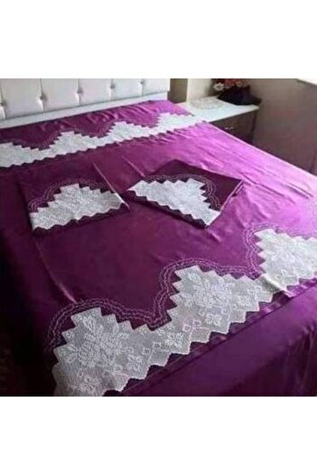 Neva El Işi Dantel Nevresim Takımı Carsafı Dantelli * Mürdüm Ağır Dantel