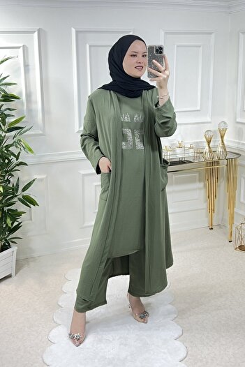 Aşkı Endam Women's Large Size Stone Detailed Triple Suit with Pockets - Khaki