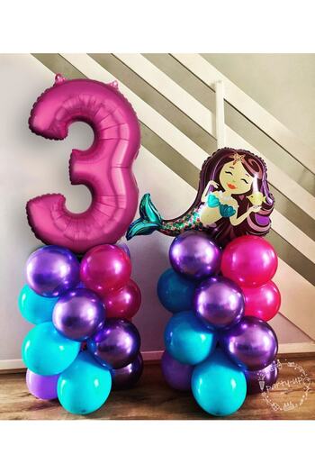 PARTİAVM Mermaid Balloon Welcome Set Fuchsia 76cm Number Balloon Balloon Column Welcome Set