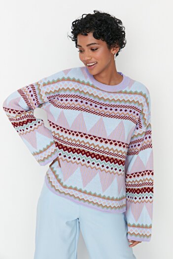 Trendyol Collection Mehrfarbiger Strickpullover mit Rundhalsausschnitt und weiter Passform TWOAW21KZ0941