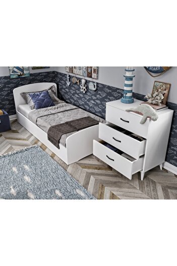 WENCE Soft Çocuk Odası Takımı Beyaz - Karyola 3 Kapaklı Gardırop 3 Çekmeceli Şifonyer Tamamı Mdf