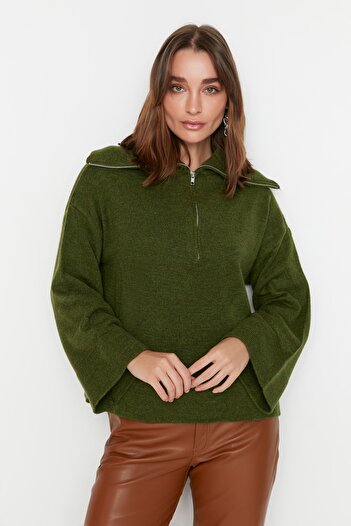 Trendyol Collection Wide Cut Khaki Knitwear Sweater - Soft Texture and Zipper Twoaw23Kz00236