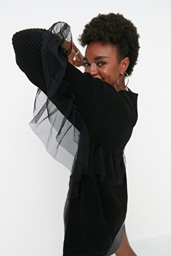 Trendyol Collection Knitwear Midi Cardigan - Black Tulle Detailed, TWOAW20FV0048