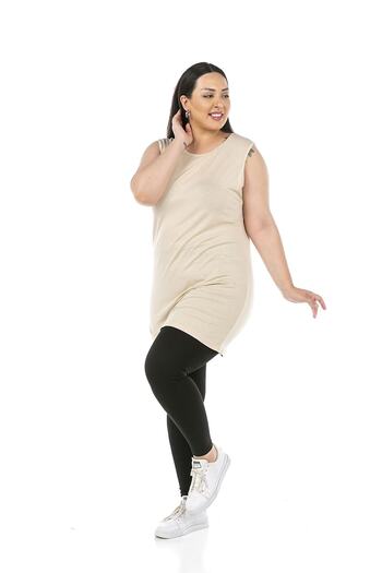 DISENTIS MODEST Large Size Round Neck Thick Strap Viscose Long Beige Body