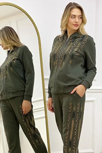 RICH GLAM Памучен анцуг с големи размери каки с леопардови камъни - две нишки
