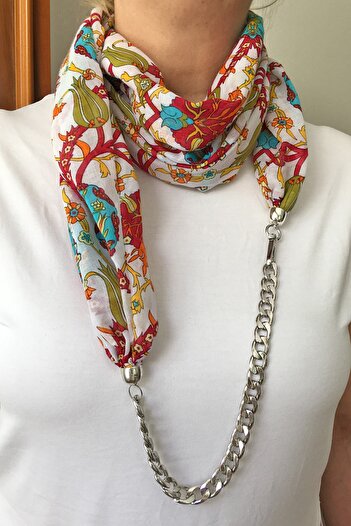 Vera Design Chain Detailed Authentic Patterned Cotton Scarf Accessory Special Design Stylish Scarf Necklace