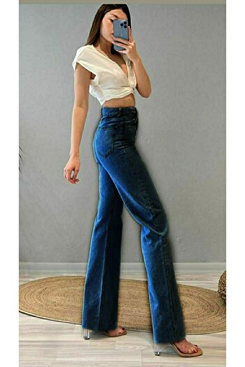 Ramrod Ares 90's Koyu Mavi Likralı Süper Yüksek Bel Salaş Jeans Palazzo Pantolon Wide Leg