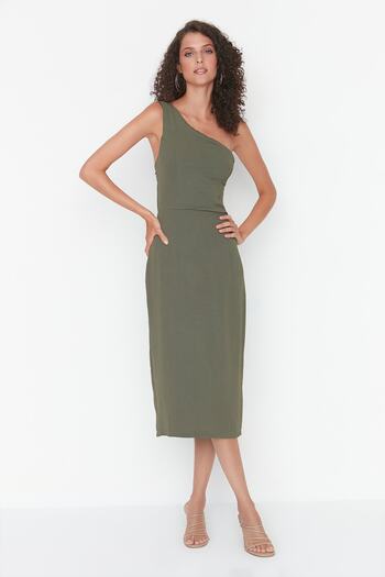 Trendyol Collection Khaki zadní podrobné tkané šaty na jedno rameno TWOSS22EL00237