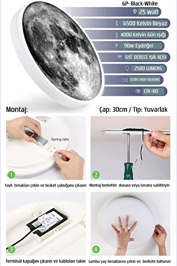 Gökyüzü Panel Moon Led Sconce 30cm 25Watt Bedroom Wall Lamp Sconces
