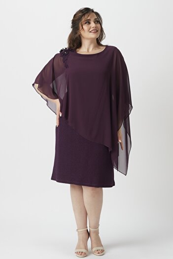Moda Alba Plum Short Caped Flower Embroidered Large Size Glitter Stretch Fabric Dress
