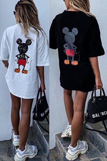 MODAGEN Női fekete-fehér 2 részes Mickey Mause nyomott Oversize póló