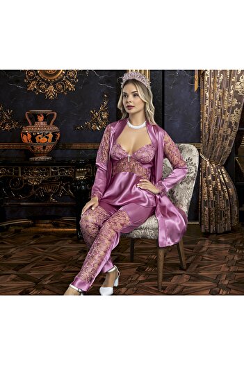 JENİKA Kadın Saten 3 lü Sabahlık Pijama Takım