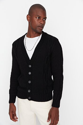Trendyol Collection Μαύρη Slim Fit Knitwear Cardigan με λεπτομέρεια κοτσίδα μαλλιών - TMNAW21HI0208