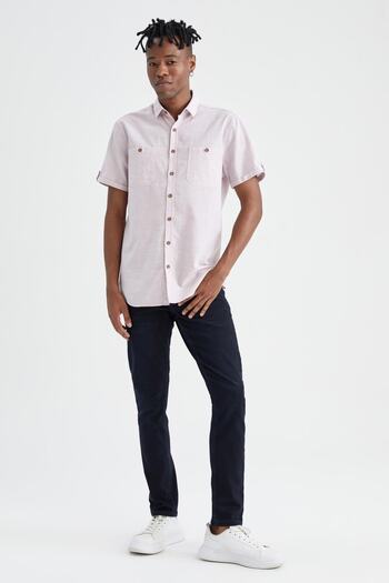 DeFacto Slim Fit Polo Neck Linen Look Short Sleeve Shirt