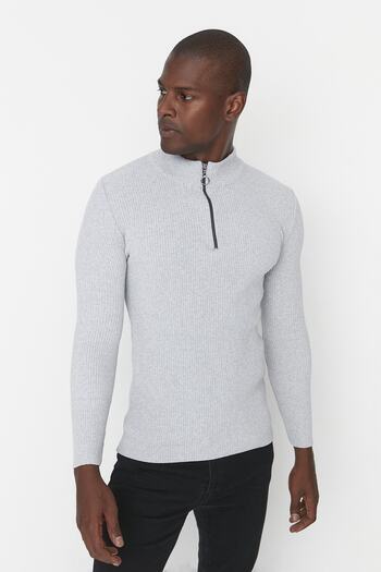 Trendyol Collection Γκρι Slim Fit Βαμβακερό διπλό πουλόβερ με φερμουάρ με μισό ζιβάγκο - TMNAW20KZ1034