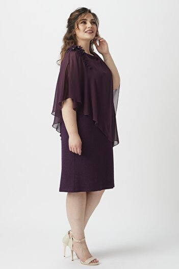 Moda Alba Plum Short Caped Flower Embroidered Large Size Glitter Stretch Fabric Dress