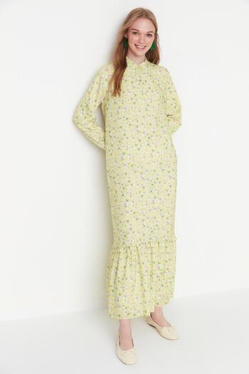 Trendyol Modest Ανοιχτό κίτρινο φλοράλ Φούστα με μύτη με βολάν με επένδυση TCTSS21EL3353