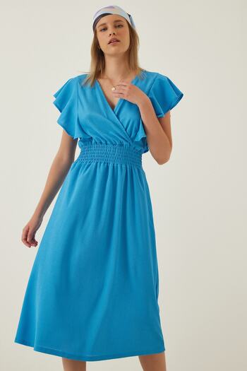 Happiness İstanbul Rochie de damă tricotată cu volan albastru CI00025
