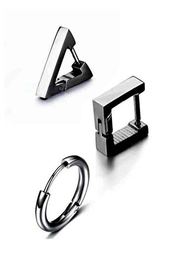 The Collection 3 Piece Set Black Triangle Square Circle Geometry Surgical Steel Earrings