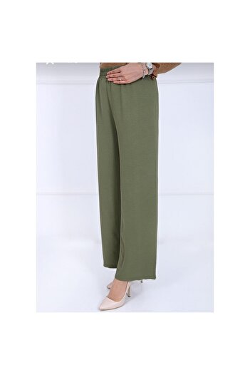 Fresh&Moda Women's Khaki Elastic Waist Ayrobin Fabric Wide Leg Large Size Trousers