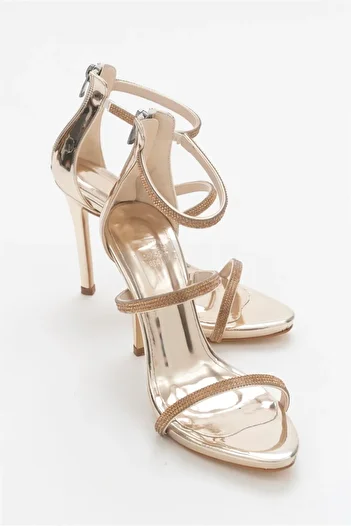 AYAKKABI PRENSİ Alexia Gold Stone Three Stripes 10 cm Women's Classic Heeled Shoes