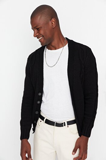 Trendyol Collection Μαύρη Slim Fit Knitwear Cardigan με λεπτομέρεια κοτσίδα μαλλιών - TMNAW21HI0208