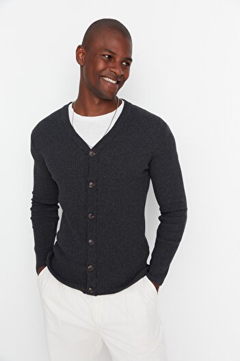 Trendyol Collection V-Neck Slim Fit Anthracite Cardigan - Cotton and Button, Ribbed Knit Tmnaw21Hi0100