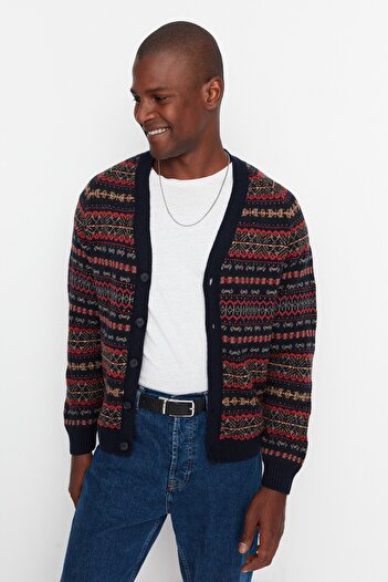 Trendyol Collection Sötétkék V-nyakú, karcsúsított kötöttáru kardigán - Jacquard TMNAW20HI0029