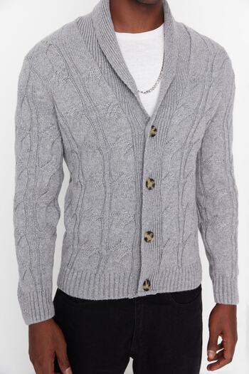 Trendyol Collection Gray Slim Fit Wool Shawl Collar Knitwear Cardigan Tmnaw20Hi0028