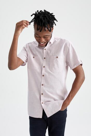 DeFacto Slim Fit Polo Neck Linen Look Short Sleeve Shirt