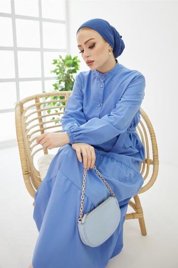 benguen Φόρεμα Hijab 428 Magnificent Collar με κουμπιά μπλε