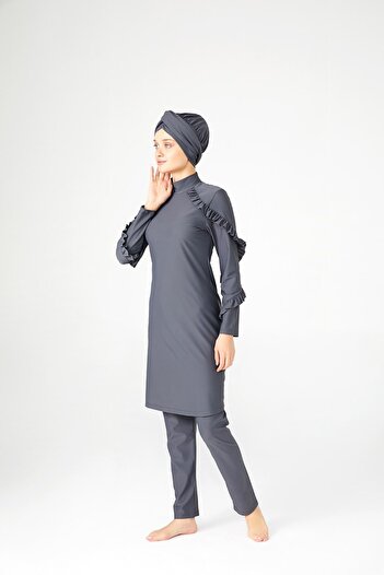 Adasea Σχέδιο βολάν Lycra Full Covered Hijab Μαγιό Ruffle 4104 Γκρι