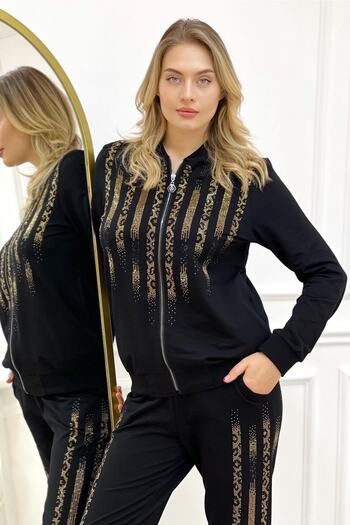 RICH GLAM Голям размер дамски комплект от памучен черен анцуг с две нишки с леопардови кристални камъни